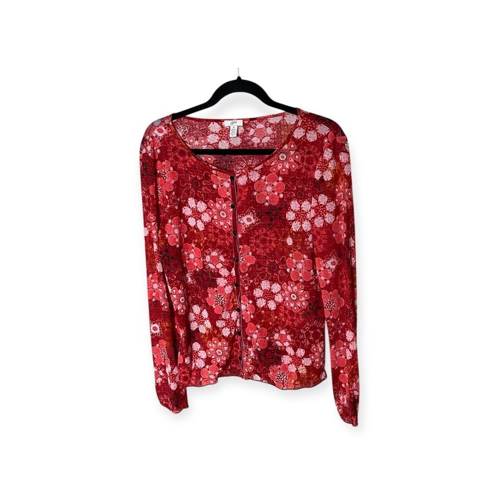J. Jill Red Sheer Floral Long Sleeve Button Front Lightweight Cardigan Size MED